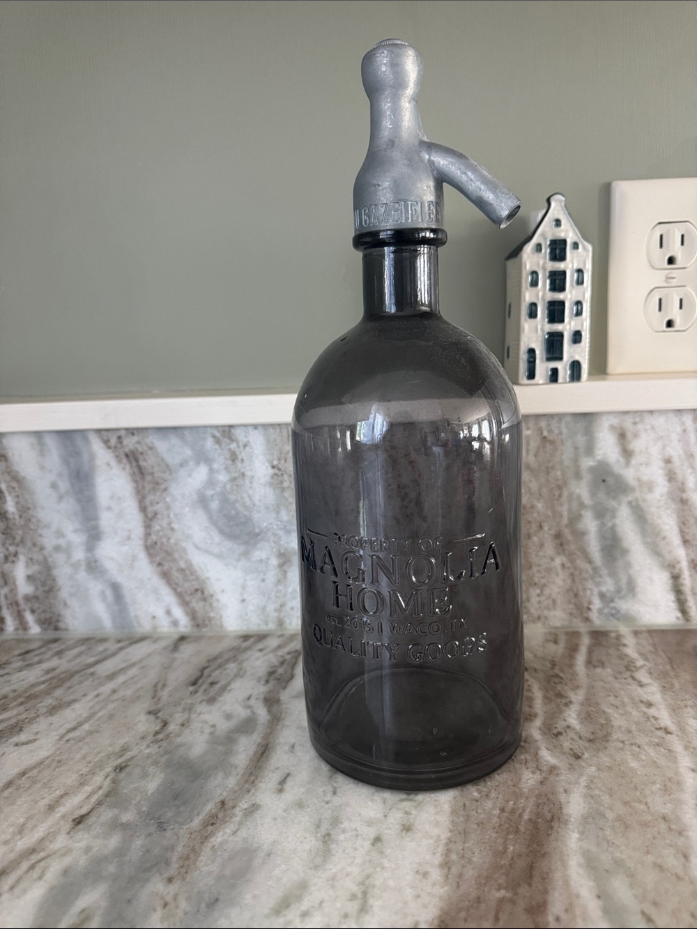 Magnolia Home Grey Glass Seltzer Bottle with Metal Spout decoration only